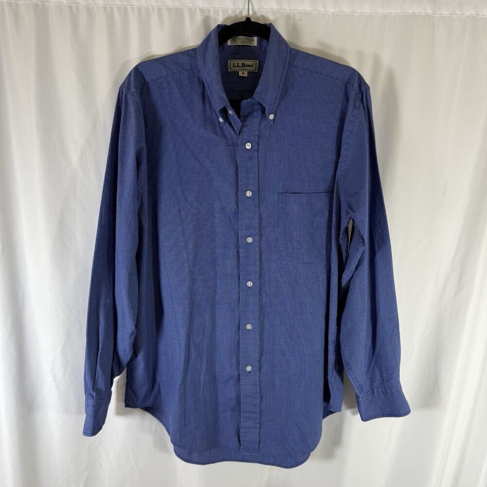 LL Bean Dress Shirt Men's 16 34 Blue Plaid Button Up Long Sleeve Cotton Blend